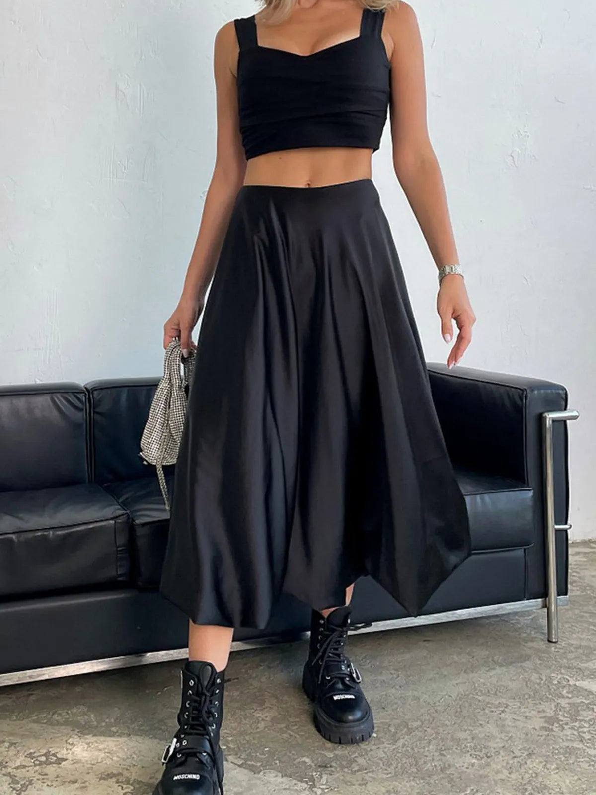 Zippered Satin A-Line Skirt