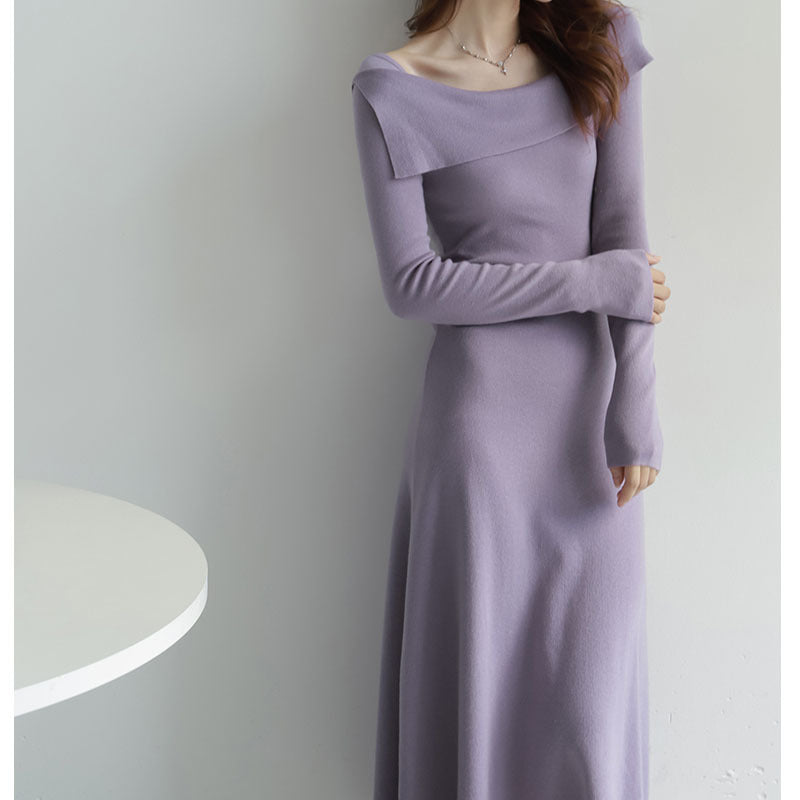 French one-shoulder fashion wool knit dress