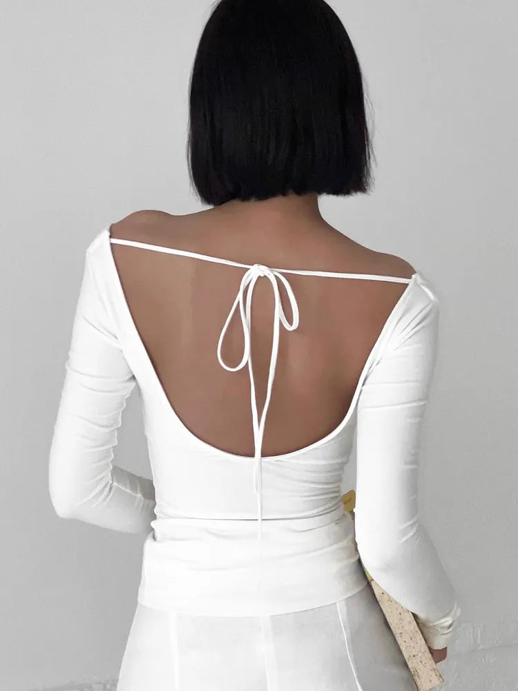 Sexy Backless Lace-up Long-sleeves T-shirt