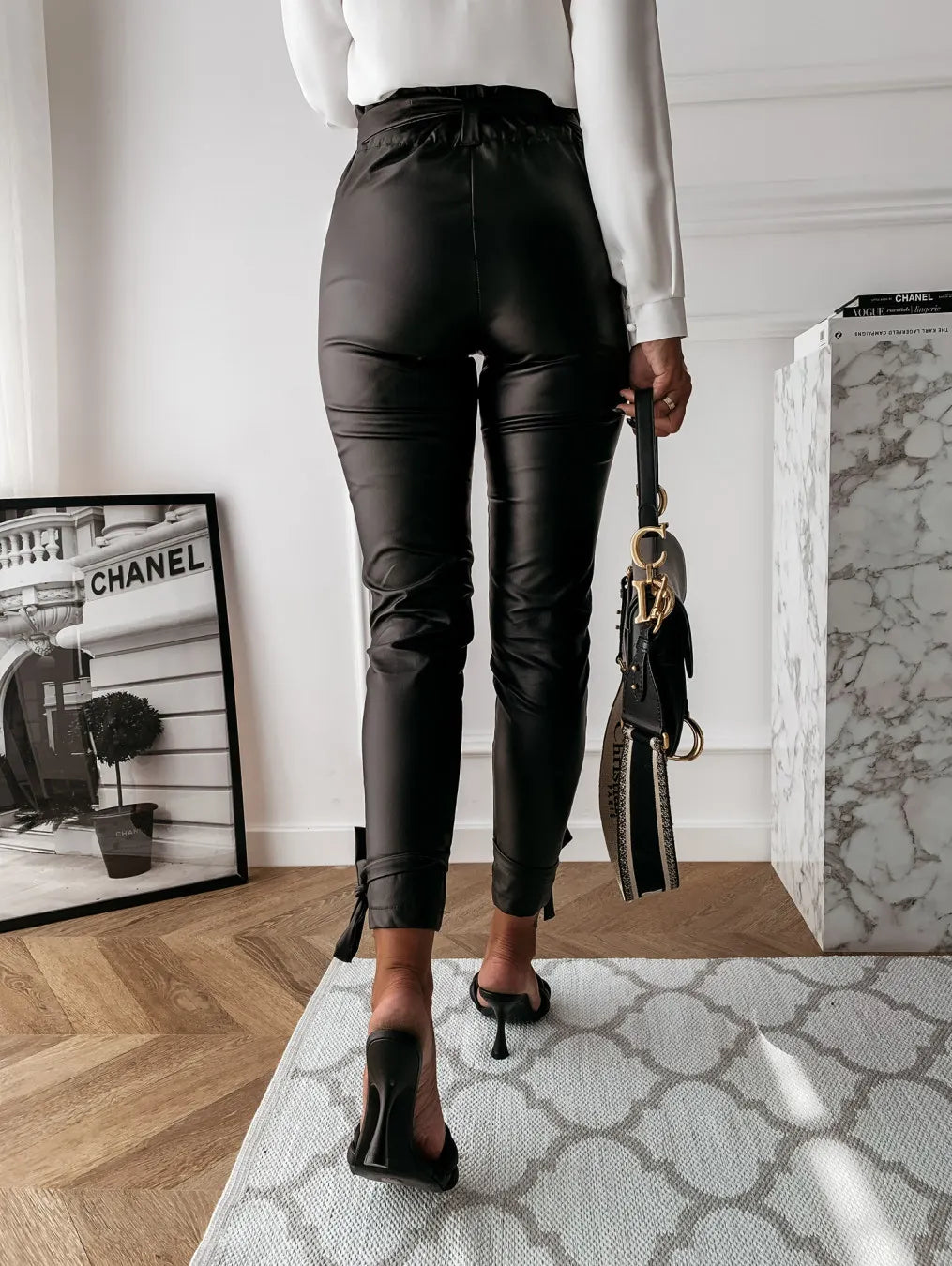 Fashion Casual PU Pants Pleated Tie Slim Pants