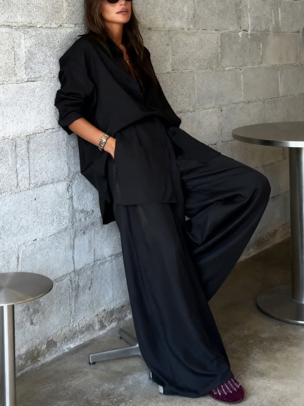 Fashion Solid Color Comfortable Shirt & Pants Two-piece Set