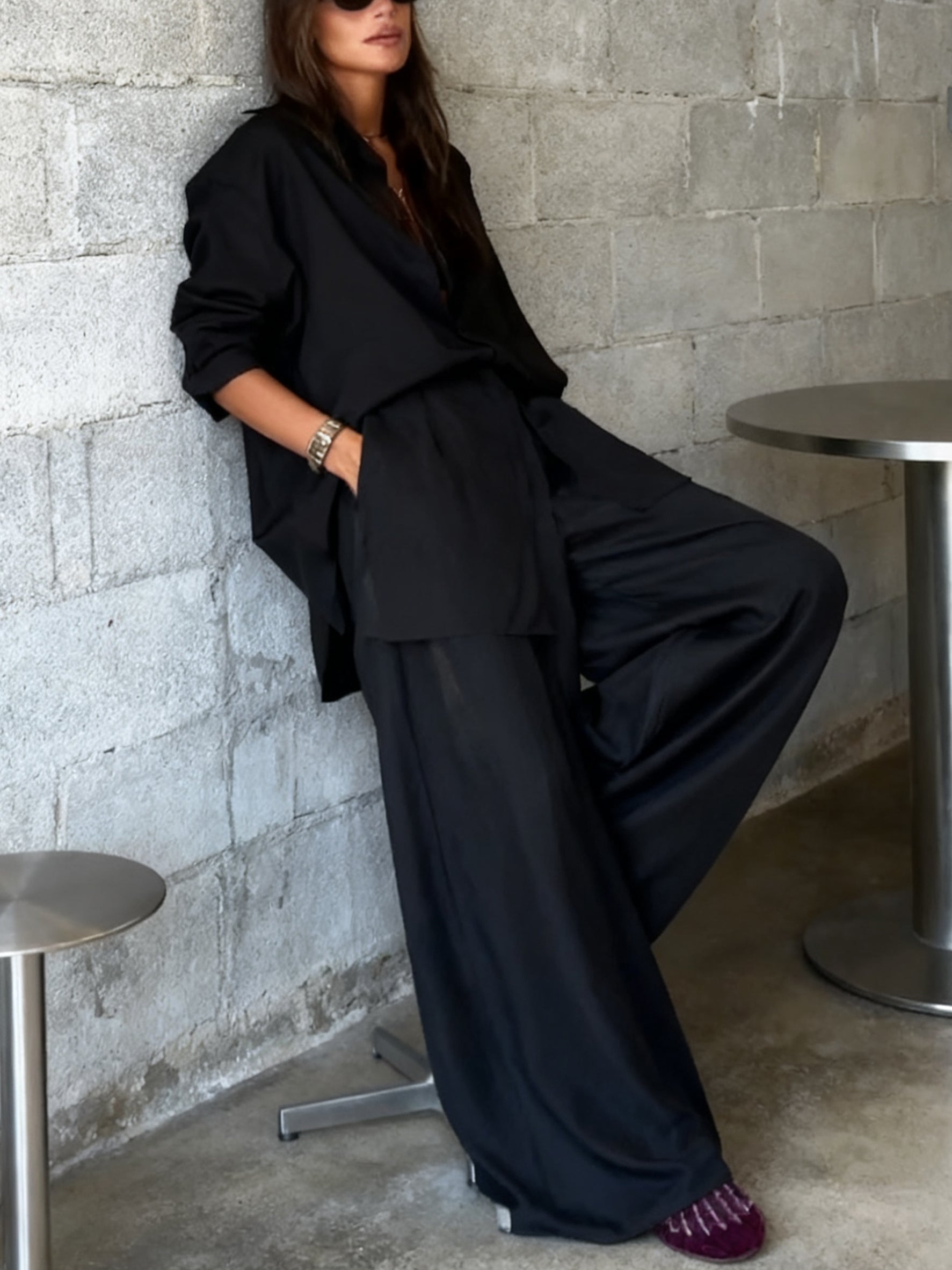 Fashion Solid Color Comfortable Shirt & Pants Two-piece Set