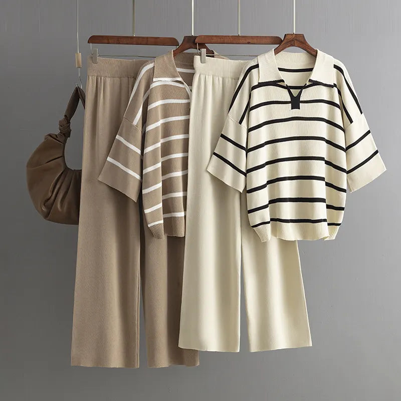 Stylish Striped Top & Solid Color Wide Leg Pants Two-Piece Set