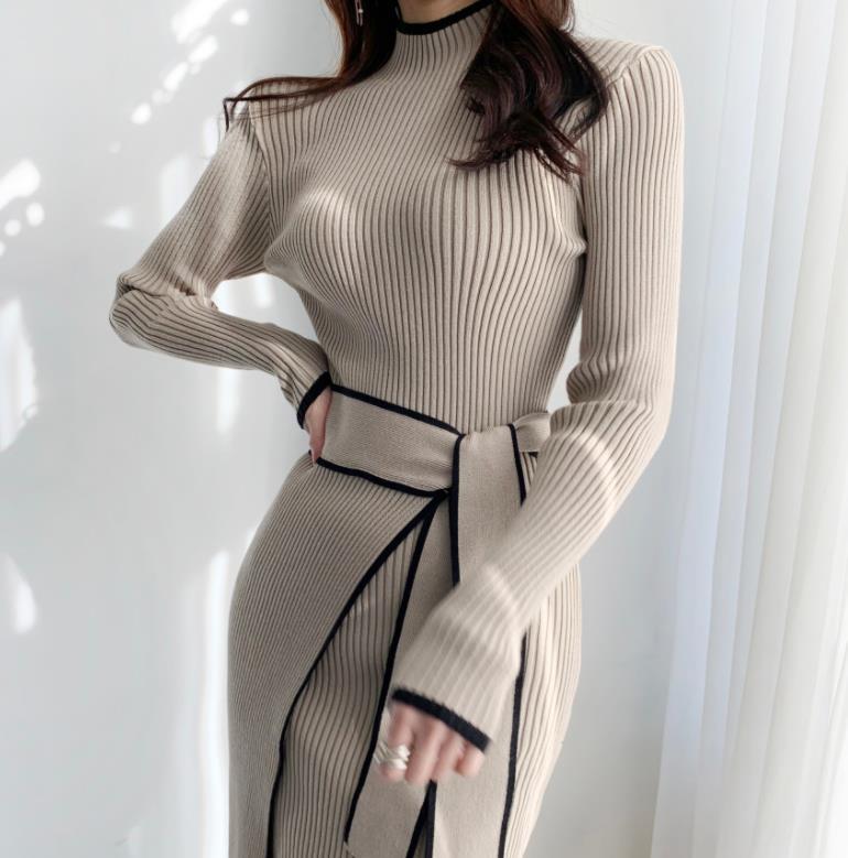 Elegant stand collar tie waist knitted dress