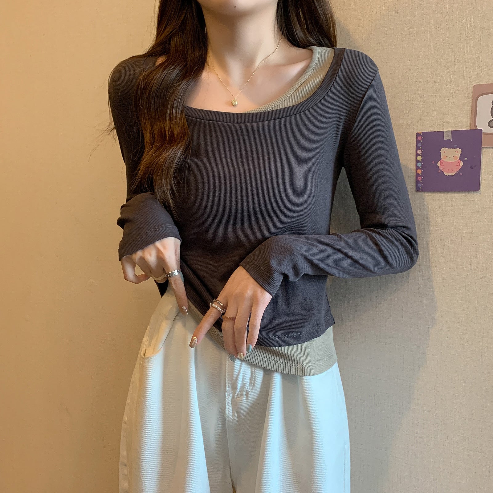 Colorblock Long Sleeve Crop Shirt