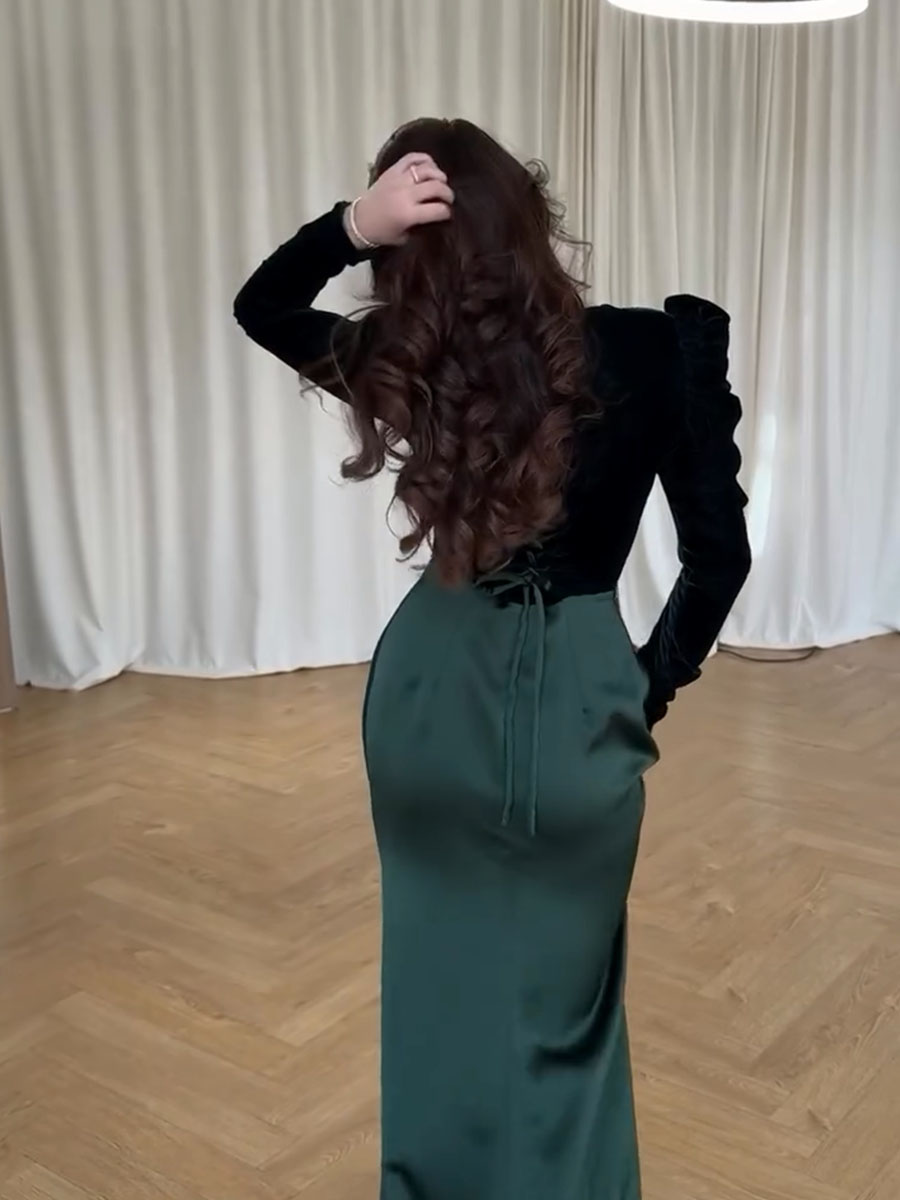 Elegant patchwork waisted maxi evening dress