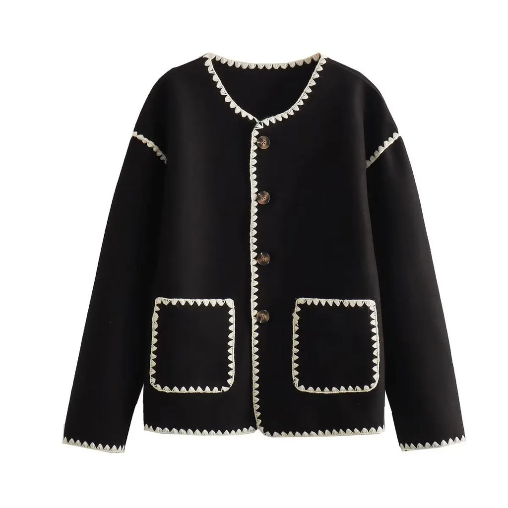 Elegant Crew-neck Edge Color Contrast Coat
