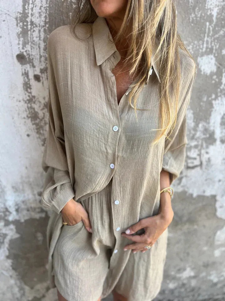 Casual Solid Color Shorts Long Sleeve Wrinkled Cloth Shirt Two-Piece Set