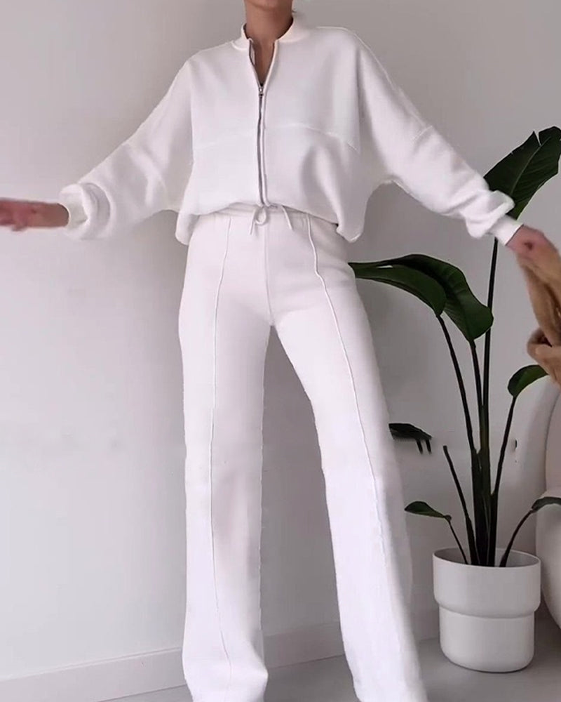 Fashionable Sweatshirt Jacket & Straight Pants Two-piece Set