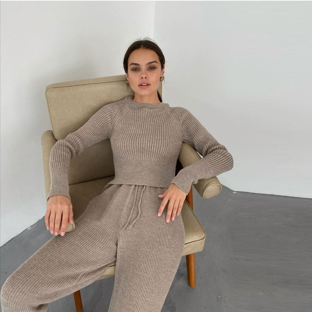 Retro Jacquard Sweater Top Casual Solid Color Slim-Fit Sweater Set