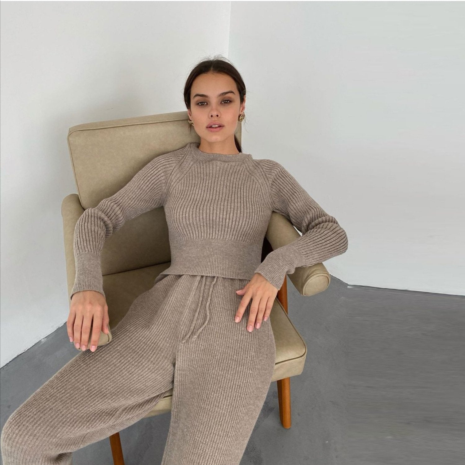 Retro Jacquard Sweater Top Casual Solid Color Slim-Fit Sweater Set