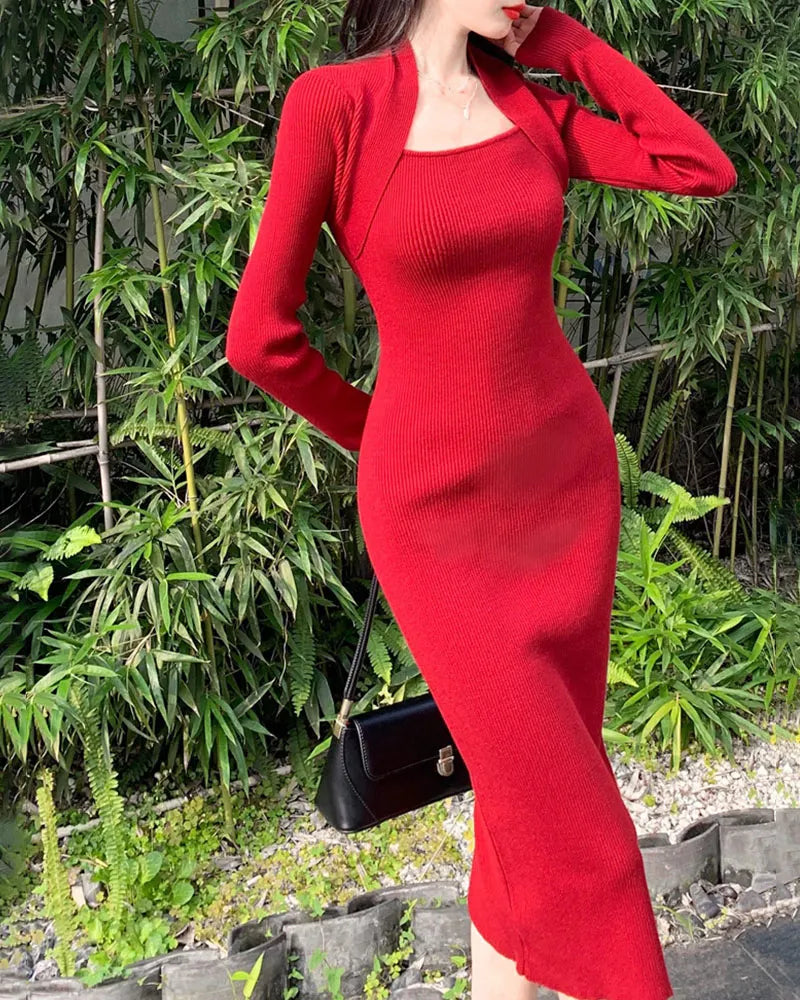 Retro Elegance Pack Shoulder Square Neck Slim Dress