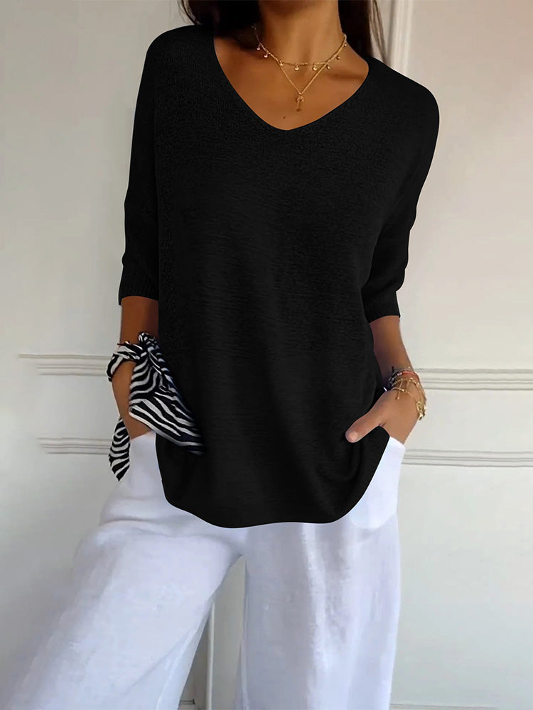 Casual V-neck Solid Color Slimming Top