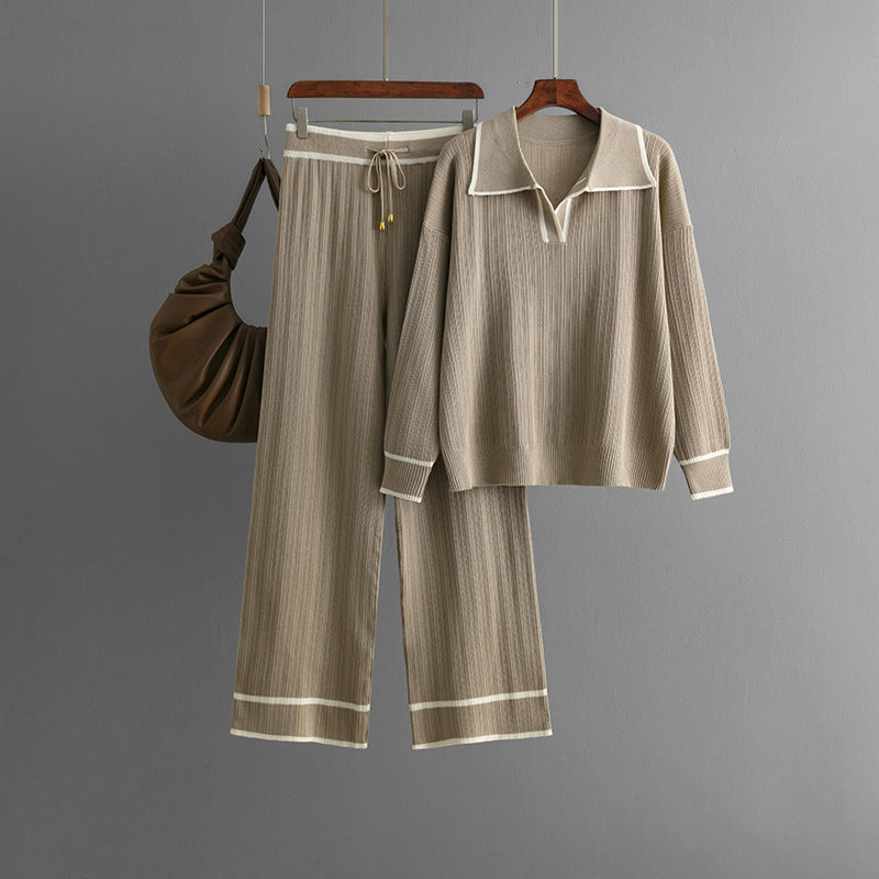 Stylish Lapel Contrast Color Casual Two-Piece Set