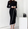 Elegant stand collar tie waist knitted dress