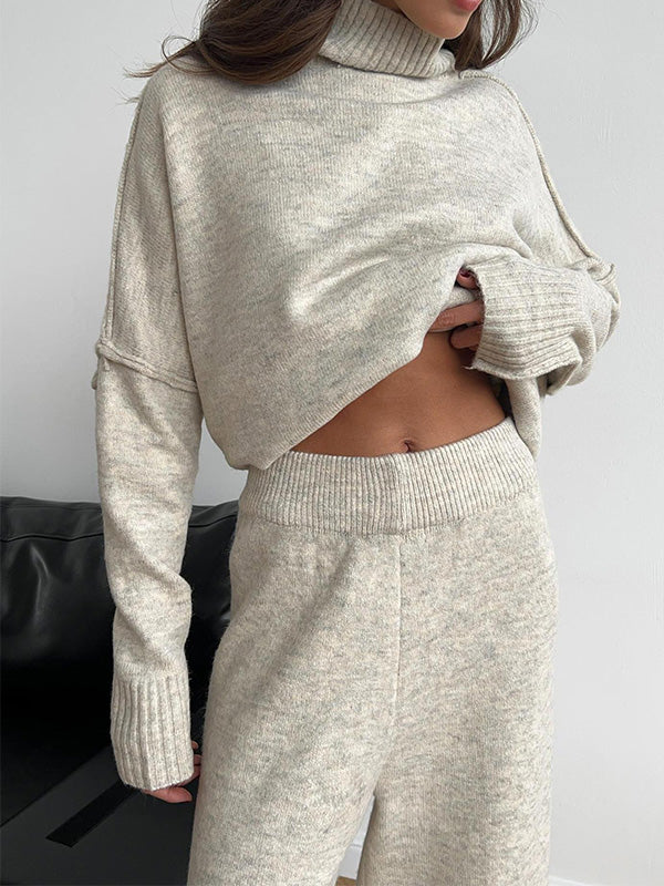 Stylish Casual Turtleneck Slit Sweater & Pants Two-Piece Set