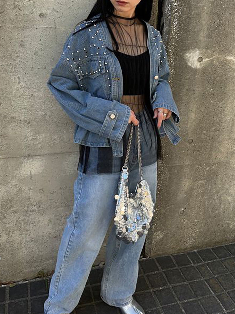Studded Beaded Short Denim Jacket