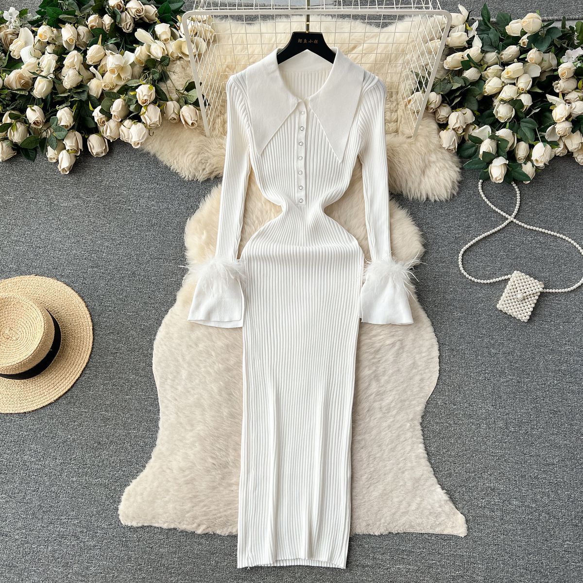 Open Collar Fuzzy Hem Long Sleeve Midi Sweater Dress