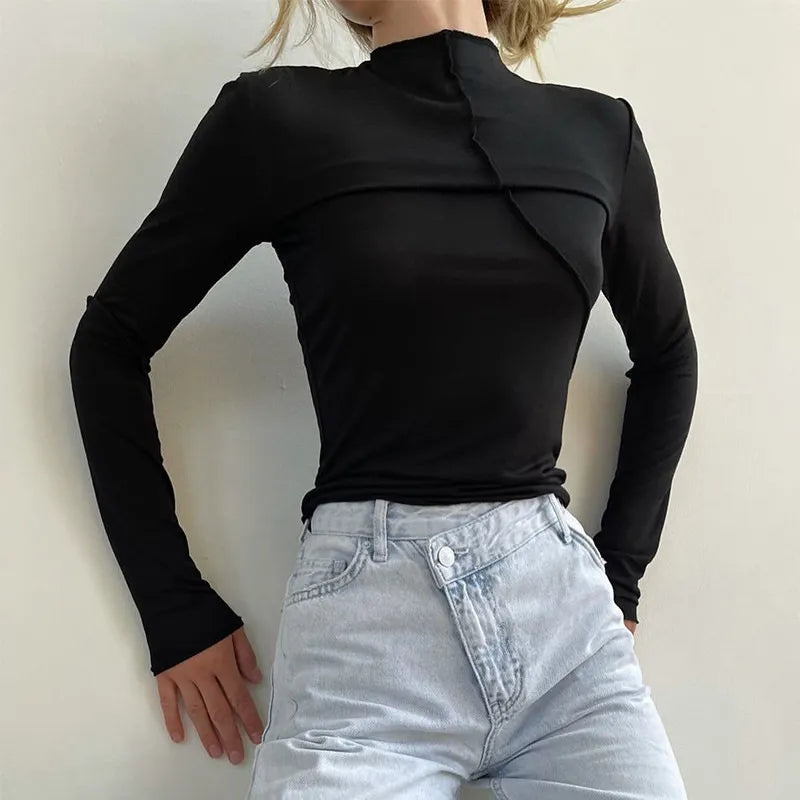 Stylish Asymmetrical Designed Half Turtleneck Base Shirt
