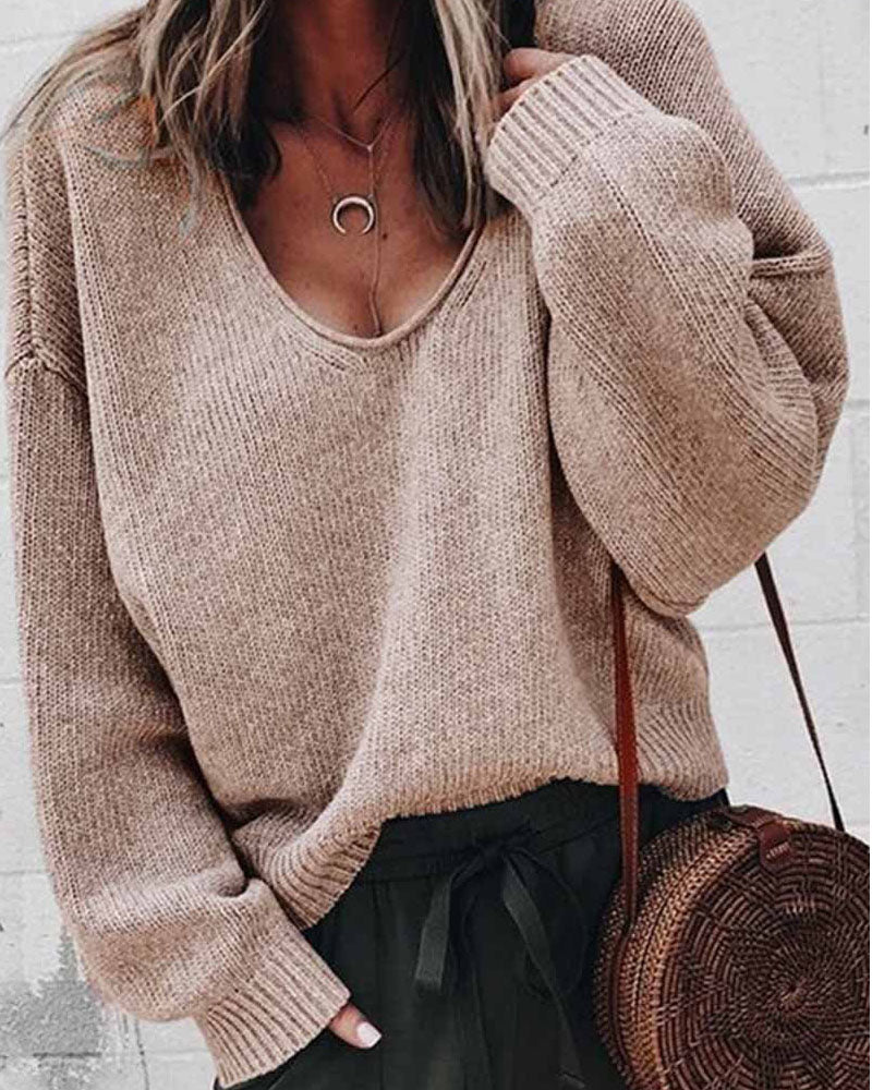 Loose V Neck Solid Sweater