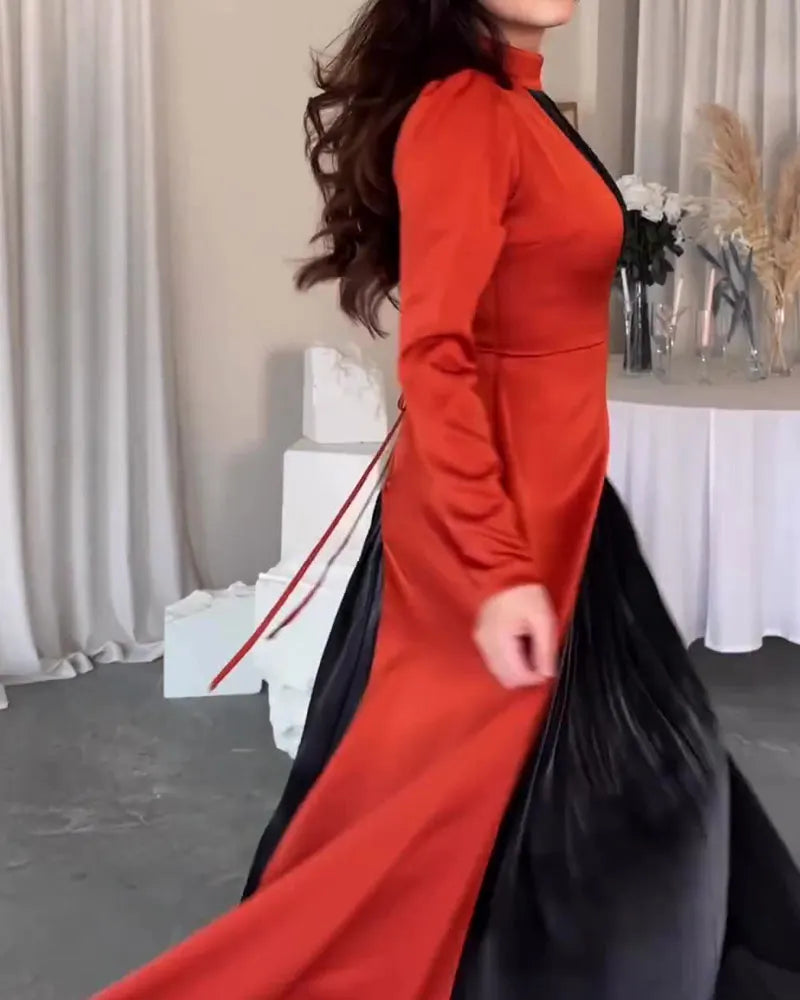 Elegant Colorblock Long Sleeve Slim Fit Dress