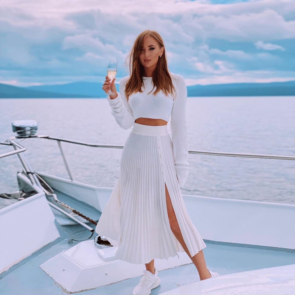 Casual Slim-Fit Top White Pleated Skirt Set