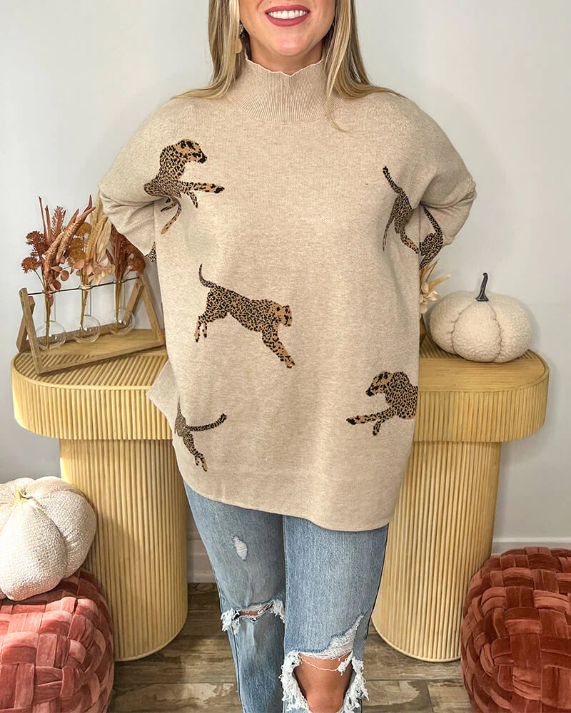 Casual Turtleneck Cheetah Print Sweater
