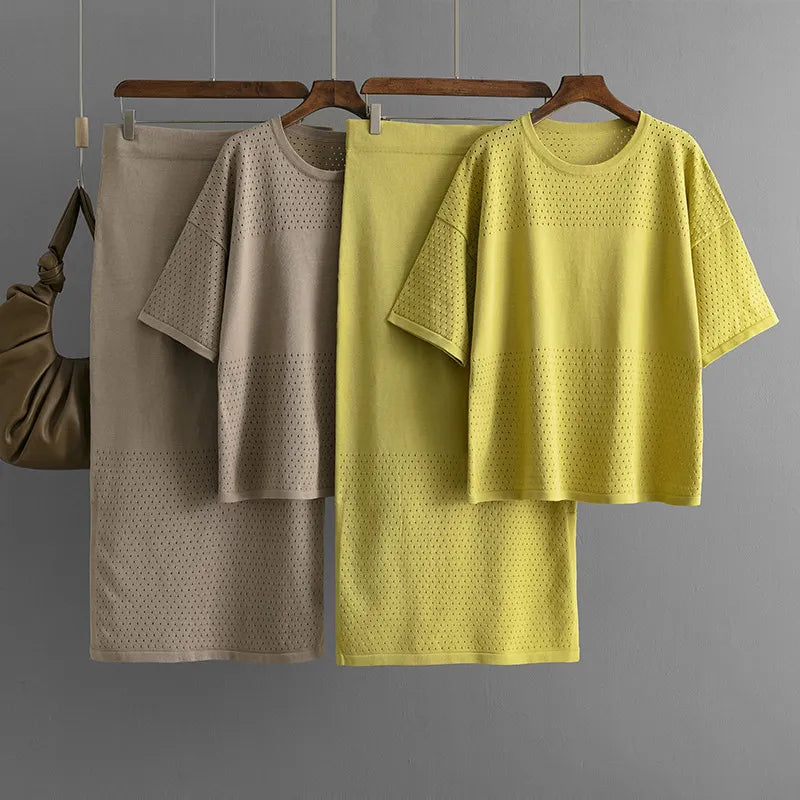 Casual Hollow Top & Skirt Solid Color Two-Piece Set