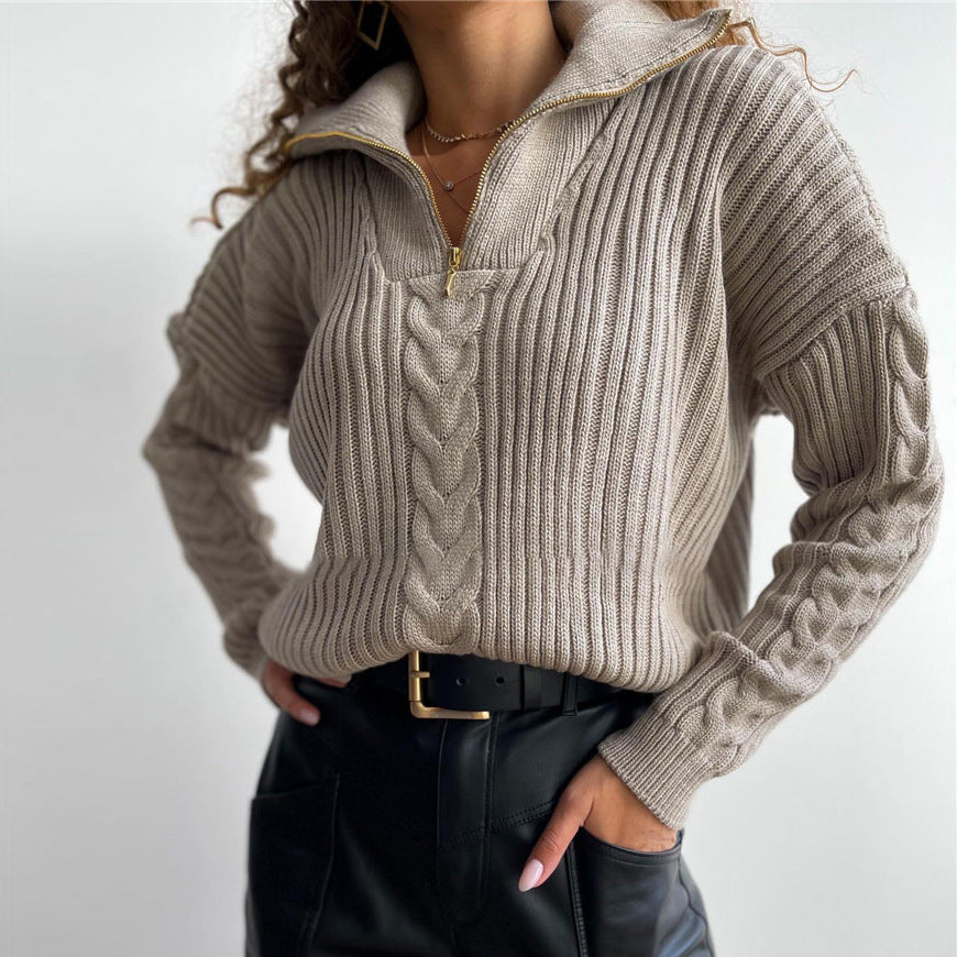 Polo Neck Twist Sweater Loose Casual Zipper Sweater