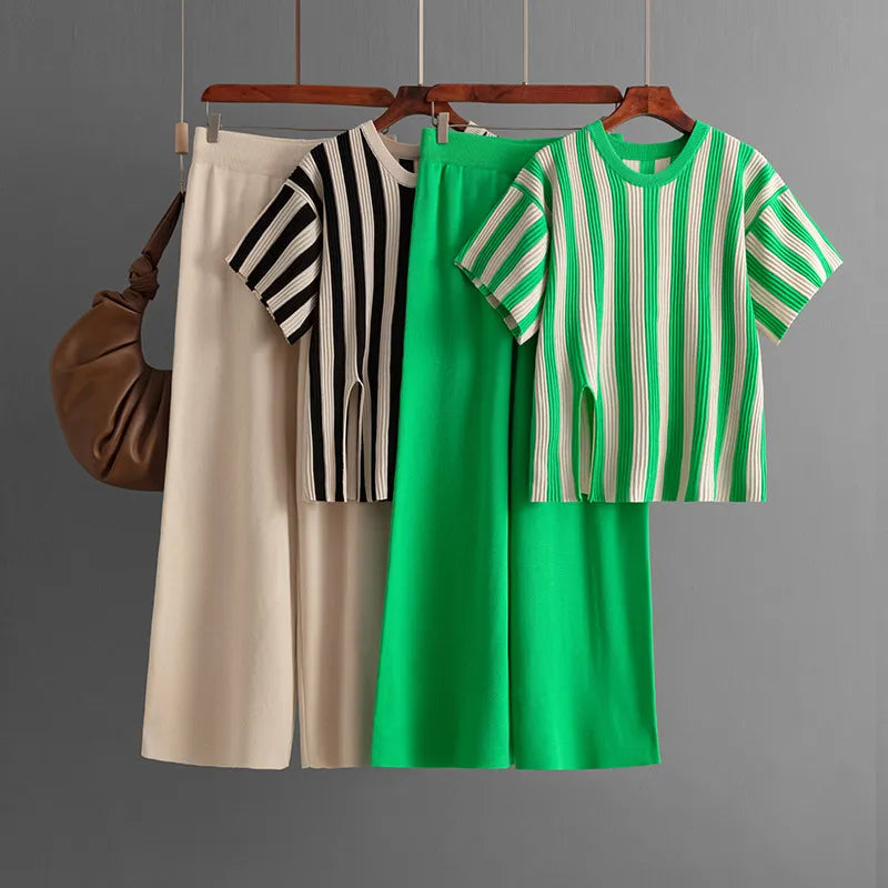 Casual Vertical Stripe Slit Top & High Waist Solid Color Pants Two-Piece Set