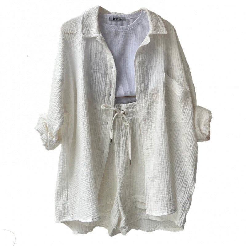 Fashion Shirt High Waist Drawstring Shorts Set