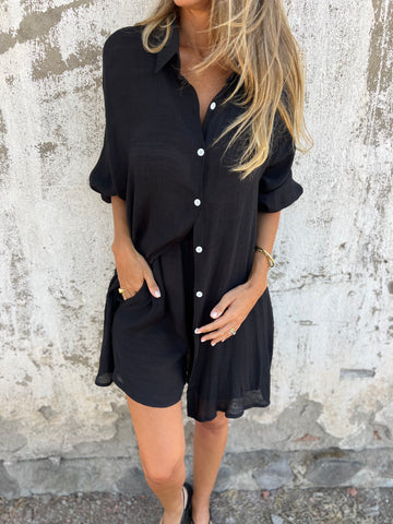Casual Solid Color Shorts Long Sleeve Wrinkled Cloth Shirt Two-Piece Set
