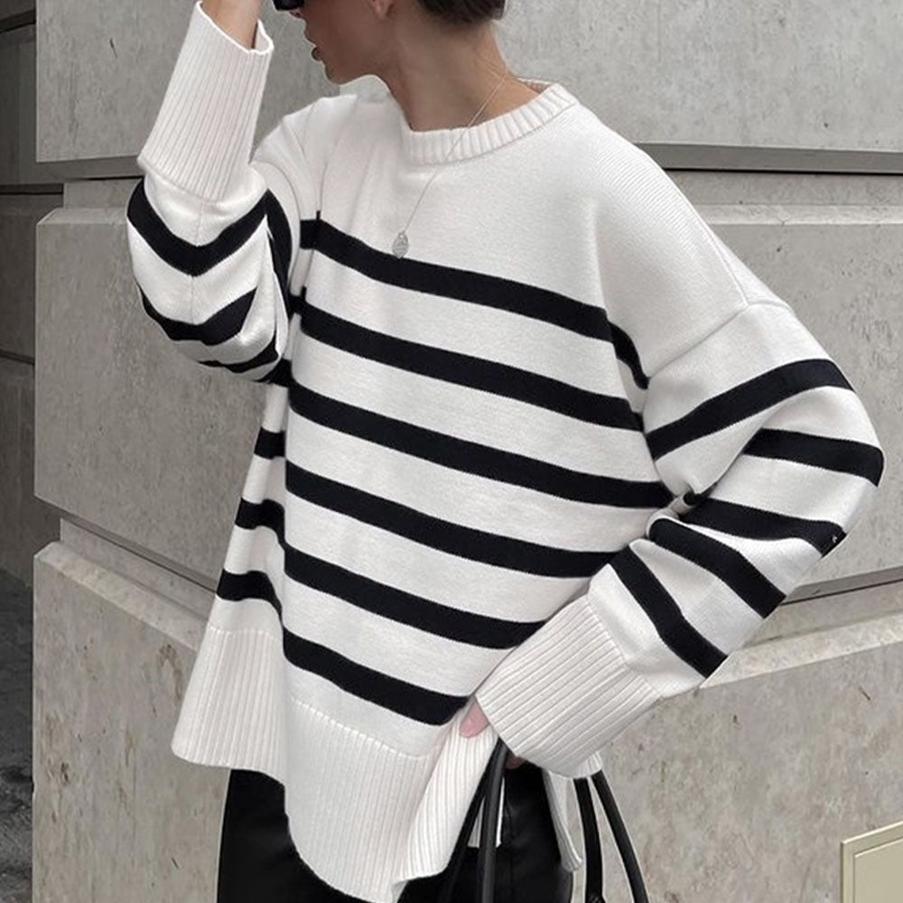 Black and White Striped Loose Sweater