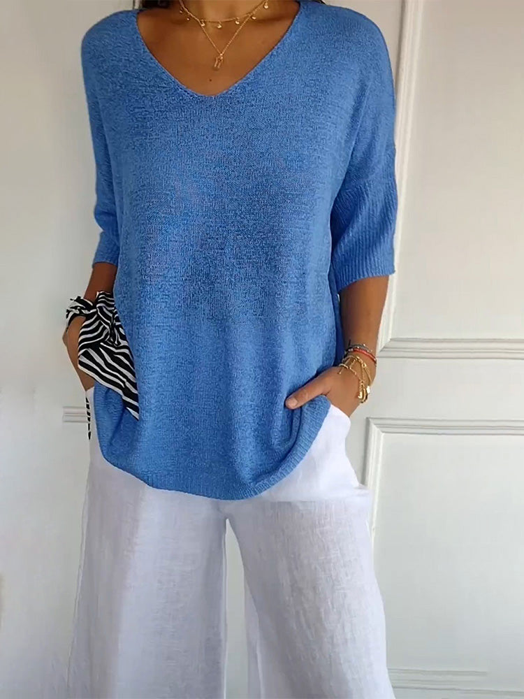 Casual V-neck Solid Color Slimming Top