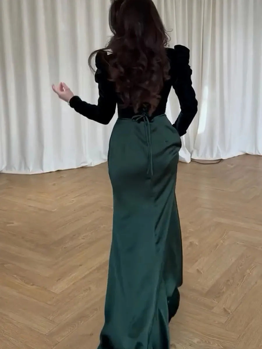 Elegant patchwork waisted maxi evening dress