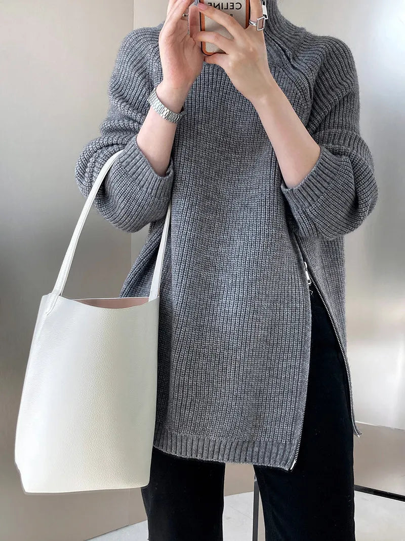 High Collar Zippered Loose Sweater
