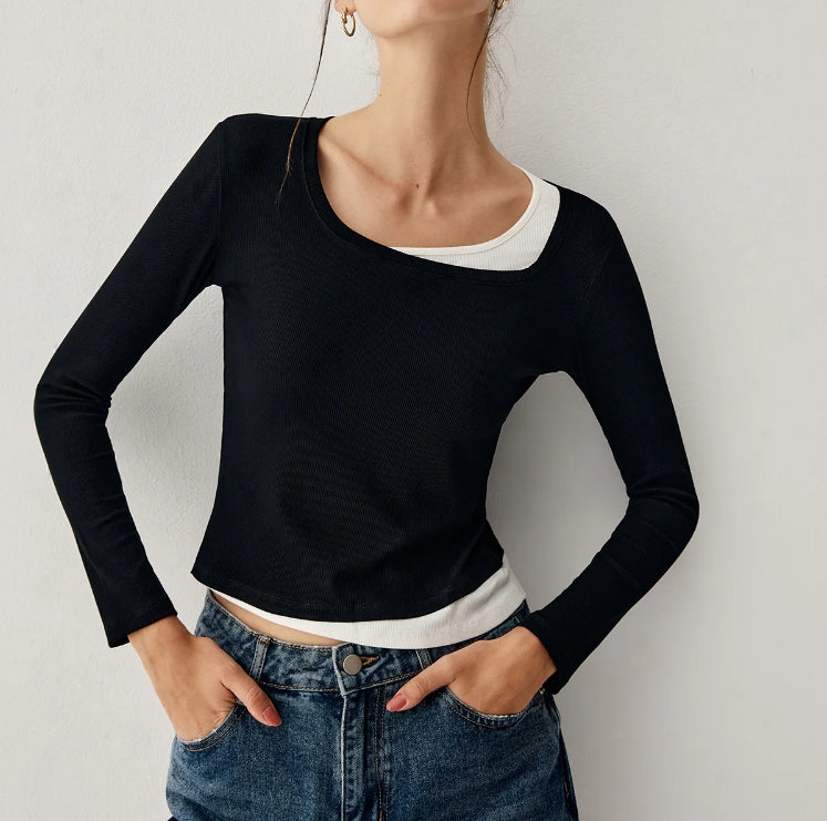 Colorblock Long Sleeve Crop Shirt