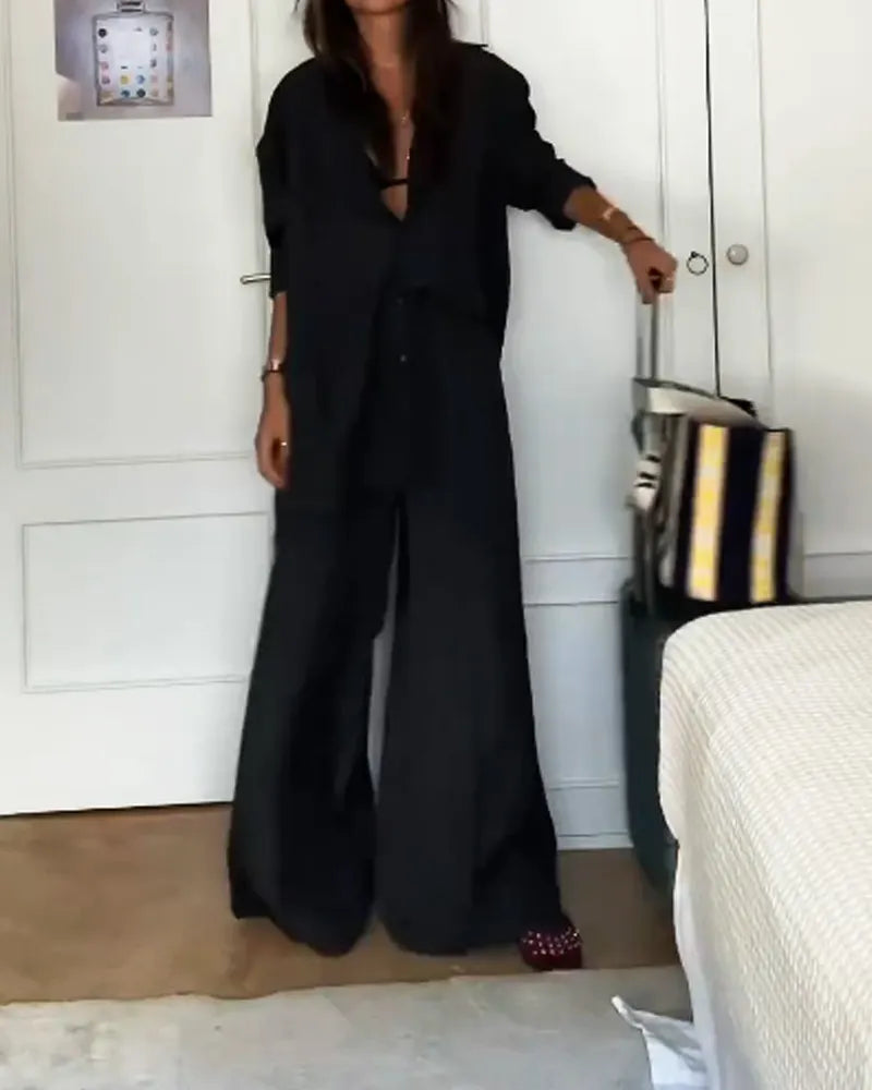 Fashion Solid Color Comfortable Shirt & Pants Two-piece Set