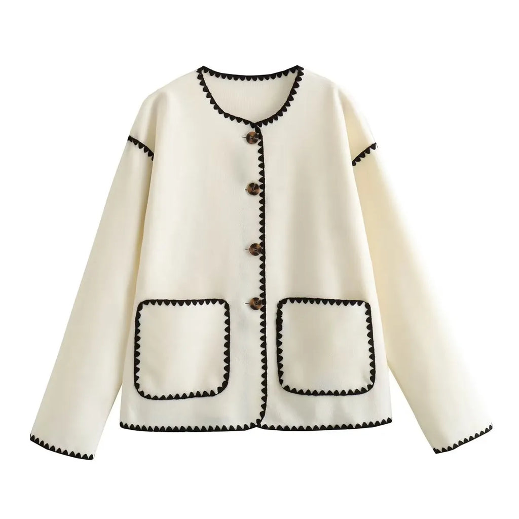 Elegant Crew-neck Edge Color Contrast Coat