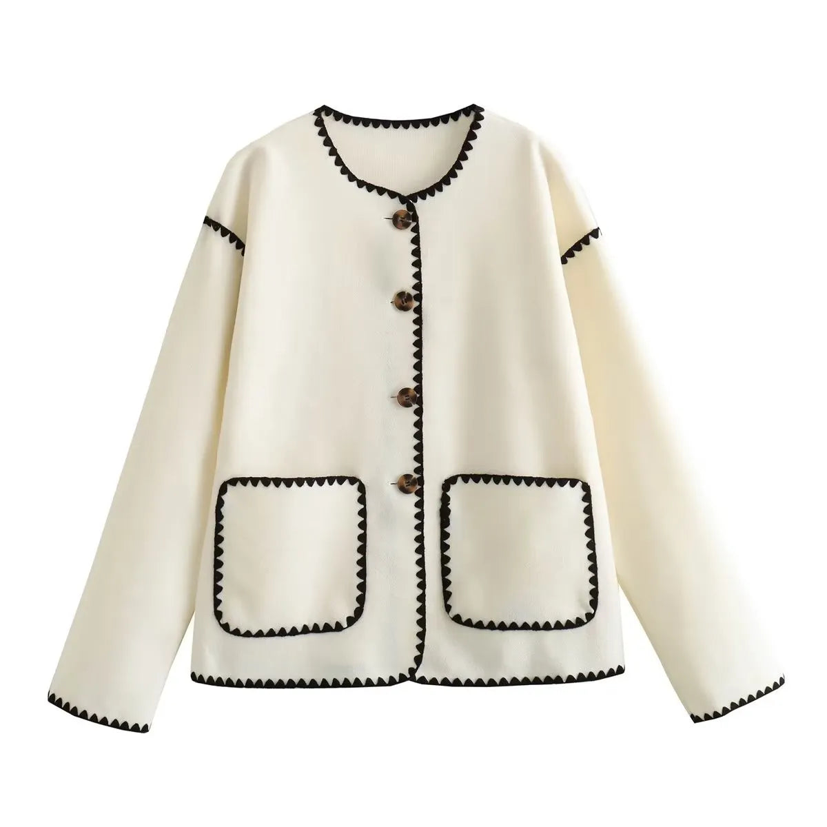 Elegant Crew-neck Edge Color Contrast Coat