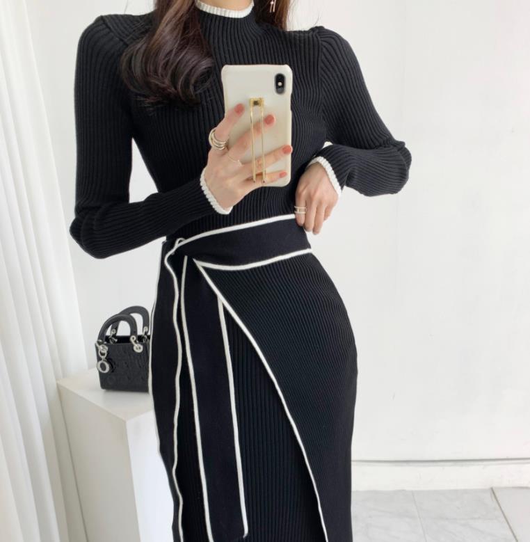 Elegant stand collar tie waist knitted dress