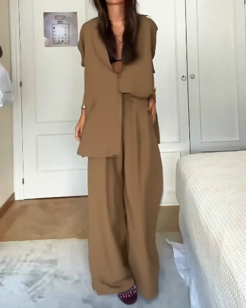 Fashion Solid Color Comfortable Shirt & Pants Two-piece Set