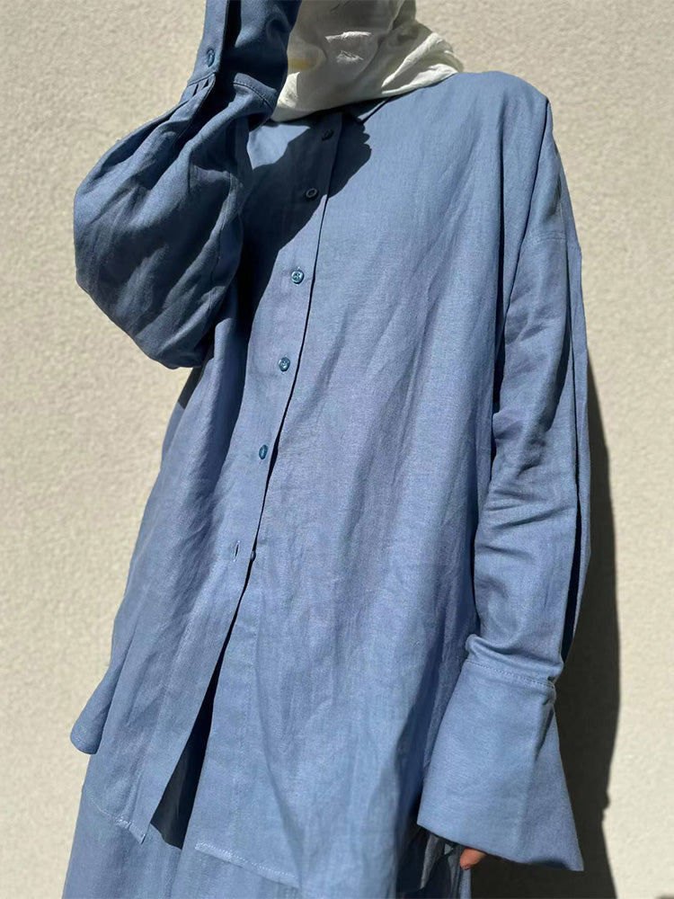 Casual Loose Long Sleeve Shirt & Skirt Solid Color Two-Piece Set