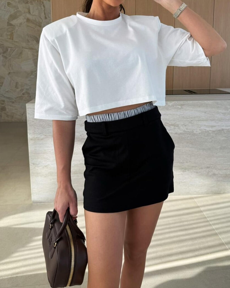 Fashion Blazer & Striped Skirt Shorts Two-Piece Set