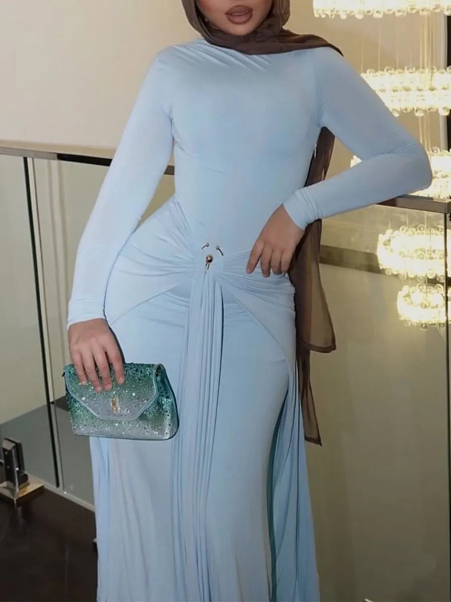 Metallic embellished pleated fitted dress