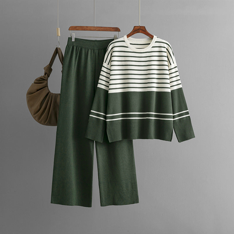 Casual Striped Crewneck Sweater Stylish Two-piece Set