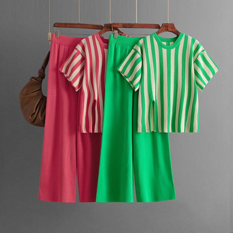 Casual Vertical Stripe Slit Top & High Waist Solid Color Pants Two-Piece Set