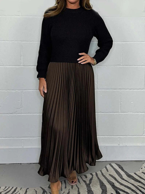 Fashion Solid Color Long-Sleeved Patchwork Pleated Dress