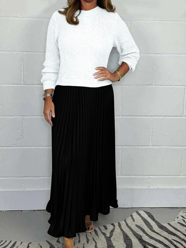 Fashion Solid Color Long-Sleeved Patchwork Pleated Dress