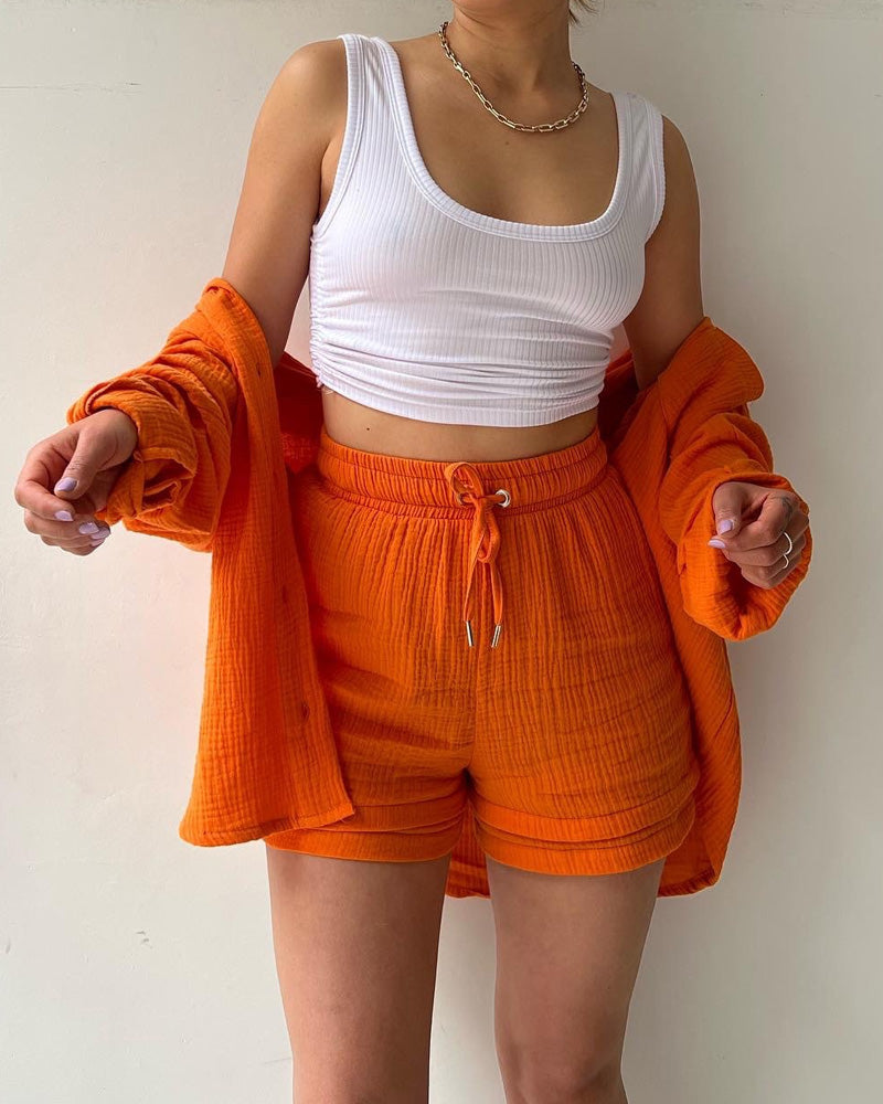 Fashion Shirt High Waist Drawstring Shorts Set